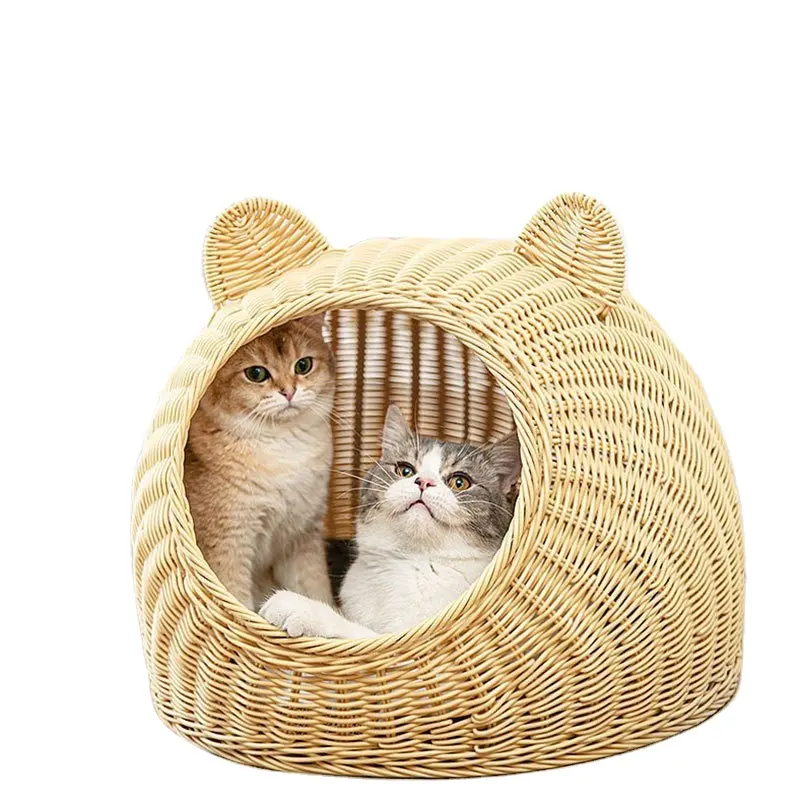 家の犬猫犬小屋交換可能なカバー手作りの一般的な籐織り半密閉型ペットヴィラ猫の巣の家犬のベッド