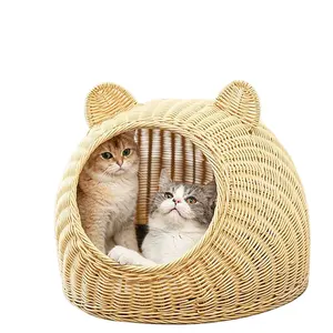 Köpek kedi kulübesi ev değiştirilebilir kapakları el yapımı genel Rattan dokuma yarı kapalı Pet Villa kedi yuva evi köpek yatağı