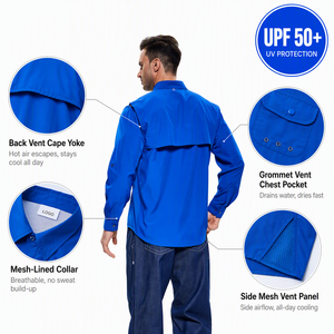 Chemise <span class=keywords><strong>de</strong></span> pêche pour homme avec protection solaire UPF50+, ventilation 4 directions, manches longues, logo personnalisé OEM - Product Image 6