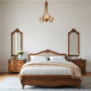Traditional Solid Mahogany Wood Bed <b>Set</b> with Light Brown Finish and Padded Headboard for Bedroom Queen/King Size - Product Image 1