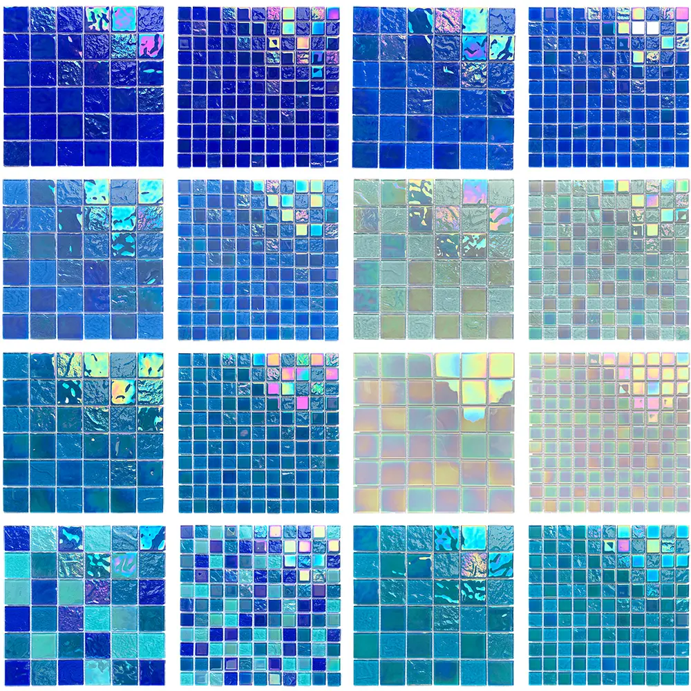 Azulejo de mosaico de cristal iridiscente para piscina, precio al por mayor, agua, verde, blanco, azul