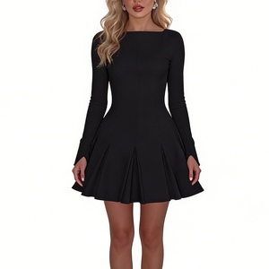 Robe courte plissée à col bateau et manches longues pour femme - Robes de soirée décontractées élégantes avec perles - Product Image 1