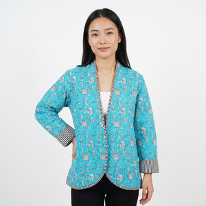 Chaqueta Acolchada de Punto Floral Vintage para Mujer, Relleno de Algodón Hecho a Mano, Botones Estampados, Ribete de Rayas de Doble Cara, Otoño Invierno - Product Image 1