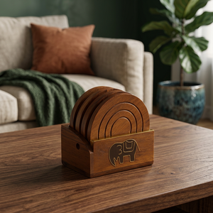 Handcrafted Classic Style <b>Elephant</b> Inlay Round Coaster Set Elegant Mango Wood Brass Drink Mats Tabletop Cup Pad Dining Units - Product Image 1