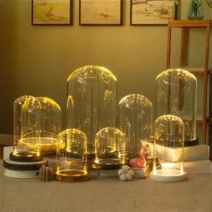 Eternal Life Flower Anti Dust Glass Cover Led Light String Base Side Independent Metal Switch Glass Dome With Wood Base