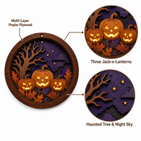 Boîte à ombres circulaire personnalisée pour Halloween avec motif Jack-o'-lantern |   Scène d'arbre de citrouille effrayant découpée au laser en contreplaqué de peuplier multicouche
