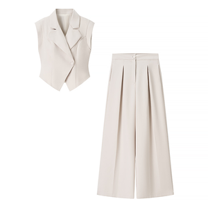 Set Estivo Casual da Donna con Gilet <span class=keywords><strong>Beige</strong></span> a V con Bottone Singolo e <span class=keywords><strong>Pantaloni</strong></span> <span class=keywords><strong>Lunghi</strong></span> con Zip, Moda Personalizzata - Product Image 1