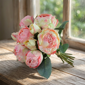 Bouquet di 9 Rose in Seta Fatte a Mano, <span class=keywords><strong>Rosa</strong></span>/Rosso, Fiori Artificiali per Matrimoni, Decorazioni per la Casa, Vendita all'Ingrosso - Product Image 5
