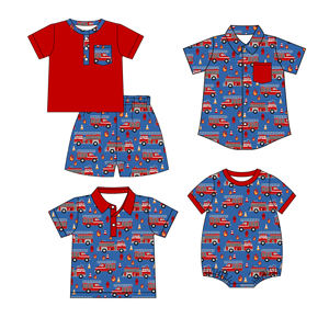 Tenues décontractées pour bébé garçon : Short imprimé camion de pompiers 95% coton, style boutique personnalisé, pour chemise et barboteuse, collection printemps-automne - Product Image 6