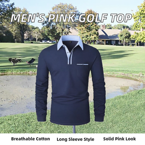Chemises de golf pour hommes adultes, en coton tricoté respirant, à manches longues, avec poche réelle, rose - Product Image 2