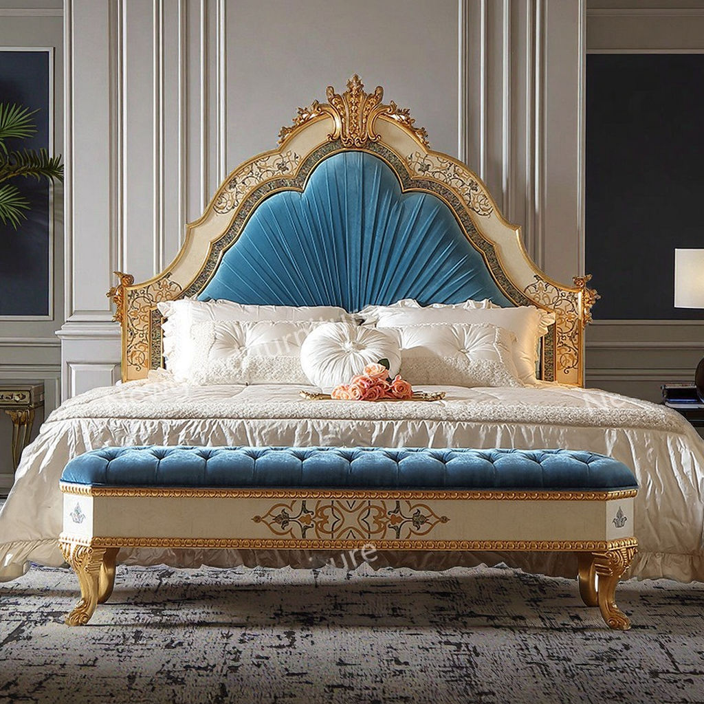 European Royal Luxury Sea Shell Blue Tufted Bed Customizable, image size:1024x1024