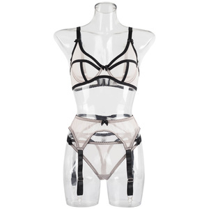 Ensemble trois pièces de lingerie sexy style europé<span class=keywords><strong>en</strong></span>-américain avec jarretière, anneau <span class=keywords><strong>en</strong></span> acier, maille transparente, séduisant, sculptant le corps, ODM LS1565 - Product Image 4