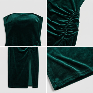 Robe de soirée mi-longue moulante en velours vert respirant, sans bretelles, froncée et fendue, confortable et naturelle, personnalisable OEM SHENGFU - Product Image 3