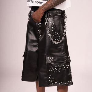 Роскошный изготовленный на заказ цепочка до колен кармашек негабаритный материал из искусственной кожи водонепроницаемый горный хрусталь толстый тяжелый стек шорты - Product Image 1