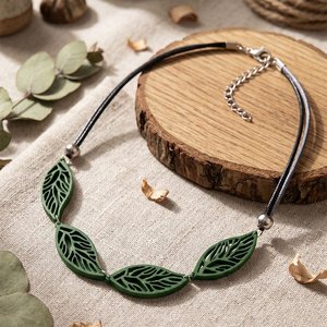 Dark Leather Cord Choker Four Hollow Cutout Green Leaf Pendant Silver Bead Women Nature Boho Neck Jewelry - Product Image 6