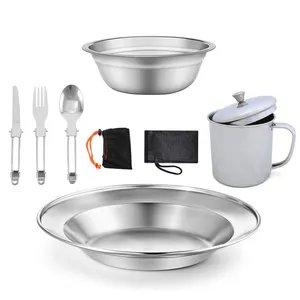 Portable Outdoor Hiking Picnic Stainless Steel Camping Cooking Set Cookware BBQ Mess Kits With Cups For 1 Person