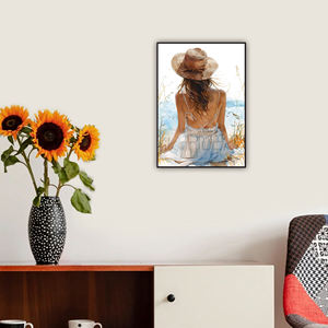 امرأة في ثوب أبيض المشي نحو البحر في إطار غروب الشمس فن الرسم الطباعة - Product Image 4