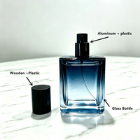 Flacon de parfum pour homme de haute qualité, 30 ml, carré, rectangulaire, en verre bleu dégradé, avec bouchon en bois noir mat