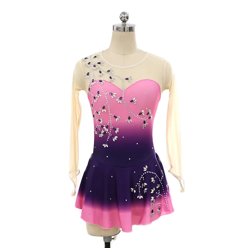 Liuhuo vestido patinação figura de gelo, rosa esmeralda roxa fantasias femininas concorrência patins