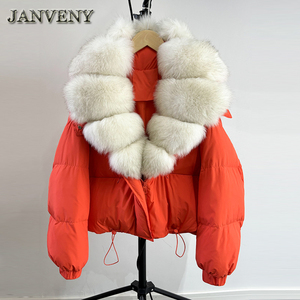 JANVENY Piumino Invernale 2024 da <span class=keywords><strong>Donna</strong></span> Corto e Ampio con Cappuccio in Vera Pelliccia di Volpe Naturale Extra Large e Calda Imbottitura in Piumino d'Anatra Bianca - Product Image 3