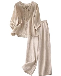 Nuovo Set di cotone 2025 estivo da <span class=keywords><strong>donna</strong></span> in <span class=keywords><strong>lino</strong></span> in pizzo camicetta <span class=keywords><strong>pantaloni</strong></span> larghi stile cinese con scollo a V <span class=keywords><strong>pantaloni</strong></span> dritti Casual - Product Image 1