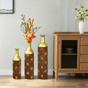Ensemble de 3 vases décoratifs en métal, motif feuilles rustiques marron, vases de sol rustiques marron, tous les vases pour la décoration de la maison - Product Image 1