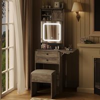 Ensemble de maquillage compact gris style ferme avec petit bureau de vanité, armoire miroir et chaise de rangement, avec panneau rabattable, pour la vente en gros
