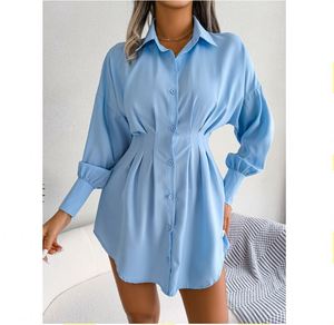 S-XL Mùa Thu/Mùa Đông giản dị đèn lồng tay áo quấn eo không đối xứng váy áo sơ mi - Product Image 1
