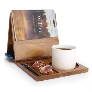 Acacia Wood Book Stand With Coffee Cup Holder And Glasses Pen Storage For Home Office <b>Desktop</b> Organizer - Product Image 1