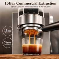 Machine à café expresso programmable avec cycle de brassage, mémoire de taille de tasse, sélection d'eau chaude, contrôle de la vapeur du lait et boîtier en acier inoxydable
