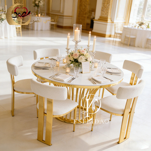 ชุดโต๊ะรับประทานอาหารทรงกลมดีไซน์หรูหราทันสมัย ท็อป MDF โครงเหล็กกล้าไร้สนิมสีทอง เหมาะสำหรับงานอีเว้นท์และปาร์ตี้ - Product Image 6