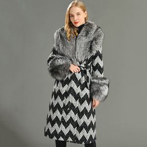 عالية الجودة النساء الصوفية معطف فاخر الثعلب الفضي طوق الفراء الصوف تغطية المرأة الاحزمة الطويلة الصوفية معطف - Product Image 4