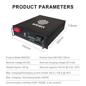 Batterie LiFePO4 Wiren W48150 48V 150Ah 7.2KWh à montage en rack, 6000 cycles, charge maximale 4800W, RS485 CAN LCD IP20, pour télécommunications intérieures et alimentation de secours - Product Image 6