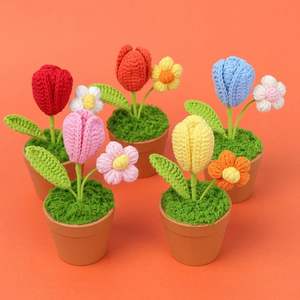 Nouveau fait à la main tricoté tulipe et bulle <span class=keywords><strong>Hibiscus</strong></span> Crochet fleur en <span class=keywords><strong>Pot</strong></span> pour la maison décoration de noël cadeau - Product Image 1