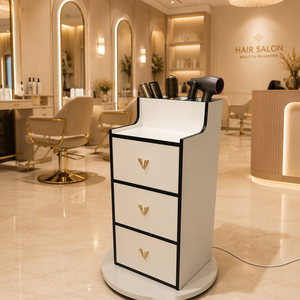 Meuble de rangement moderne à 3 tiroirs avec base rotative, blanc/noir, organisateur de coiffeuse avec étagères ouvertes pour salon de beauté et salle de maquillage - Product Image 1