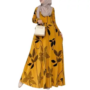Vestido boêmio leve de manga comprida com estampa floral, vestido de verão para férias, roupão modesto para mulheres somalias, vestido muçulmano