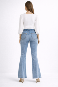 SHENGFU <span class=keywords><strong>Jeans</strong></span> Bootcut da Donna a Vita Alta in Denim Elasticizzato, Vestibilità <span class=keywords><strong>Slim</strong></span>, Gamba Svasata, Lavaggio Vintage, Produzione Personalizzata OEM - Product Image 2