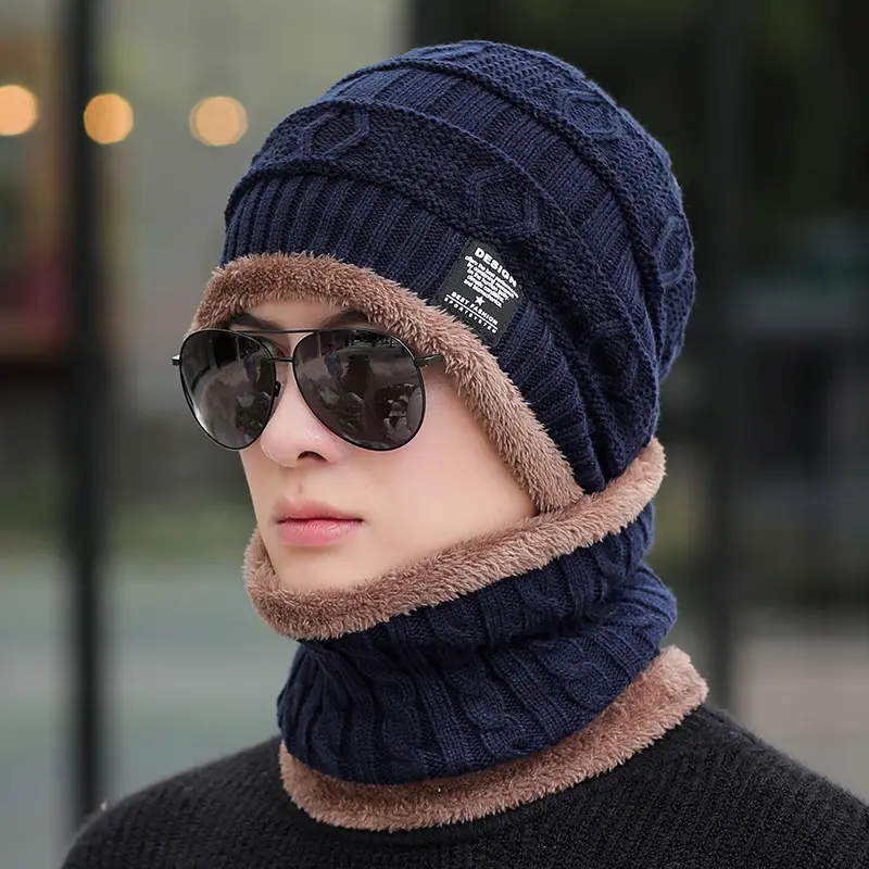 सर्दियों उत्पादों 2022 पुरुषों गर्दन गर्म सर्दियों टोपी दुपट्टा सेट ऊन अस्तर के साथ मोटी बुनना Beanies कैप्स