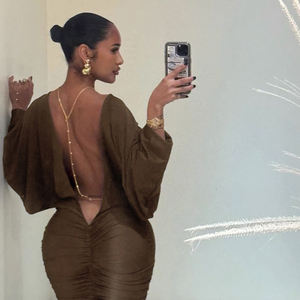 Robe sirène élégante rétro unie sans dos froncée pour femme, à manches larges, ajustée, sexy, pour soirée formelle - Product Image 5