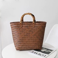 Tas Anyaman Bambu Retro dengan Pegangan, Tas Keranjang Jerami Buatan Tangan, Tas Belanja Pantai Musim Panas Vintage, Tas Tangan Wanita Kapasitas Besar