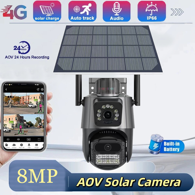 ICSEE 6mp Dual Lens PTZ Solar Wifi Security Camera Full Hd Night Vision Alarm System Ip Network Cctv Camera 4g Sim Card