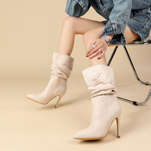Nouvelles bottines à talon aiguille en velours extensible, élégantes, à bout pointu naturel, style polyvalent et simple - Product Image 2