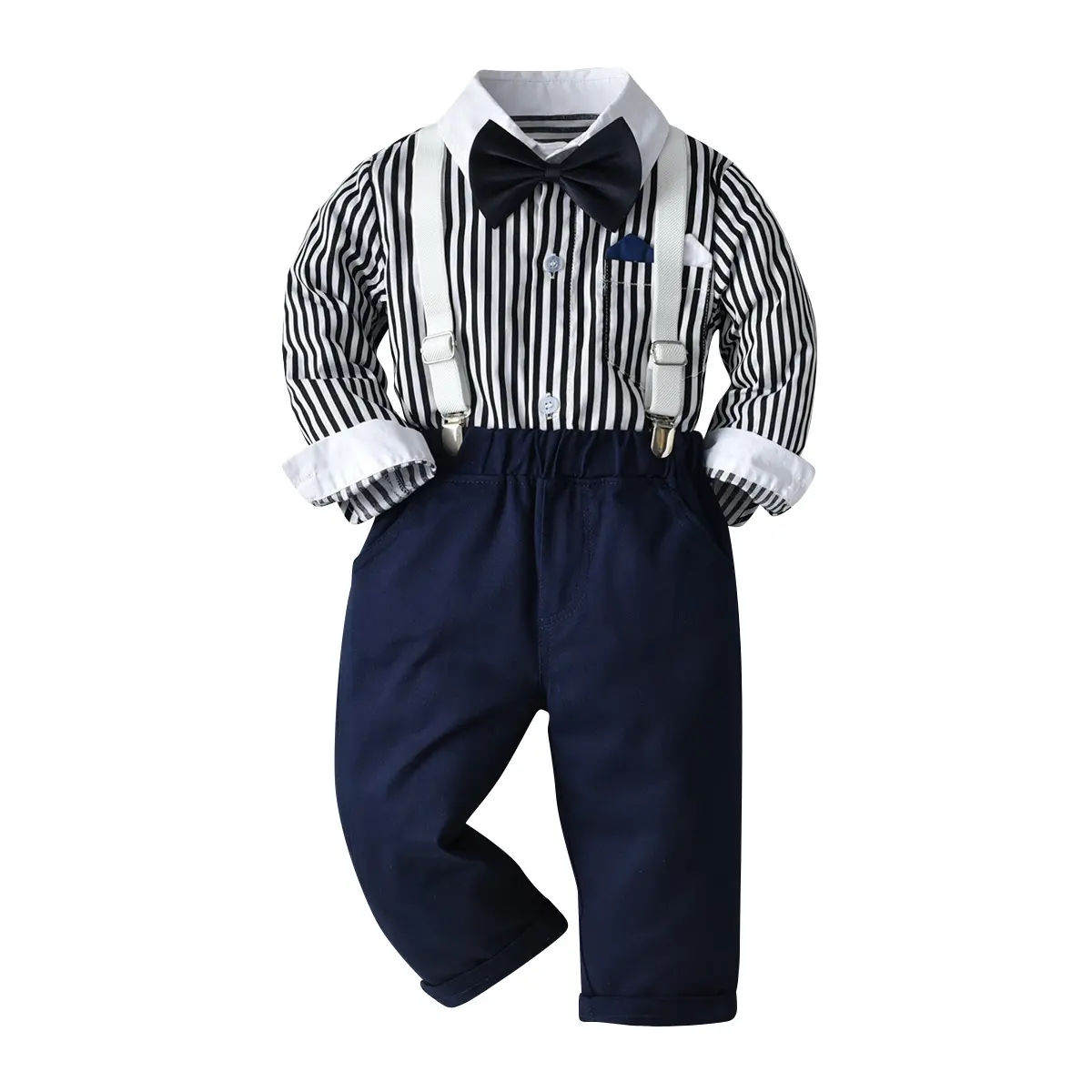 Formal Suit Long Sleeve Wear Dress Shirt with Bowtie Baby Boy Kids Gentleman Clothes Set 2022