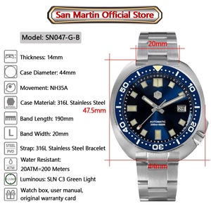 Montre de luxe pour homme San Martin SN047-G-B, nouvelle montre de plongée Turtle, mouvement automatique NH35, bracelet en saphir, 20 bars, lumineuse, Relojes - Product Image 2