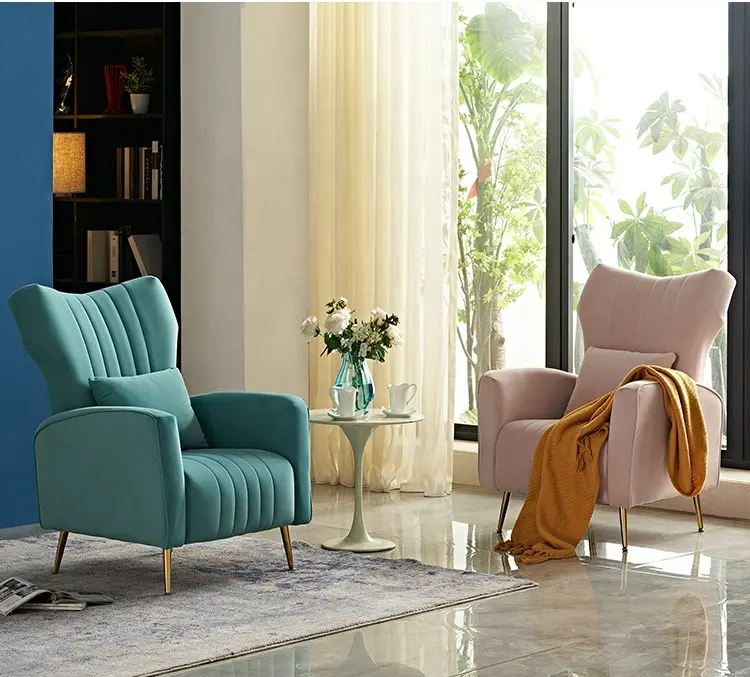 Set kursi ruang tamu Modern Kasual, Set kursi Sofa tunggal mewah merah muda beludru