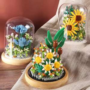 Girasol en Cúpula de Cristal, <span class=keywords><strong>Ramo</strong></span> de Rosas, Juguetes de Ladrillos de Ensamblaje Artificiales DIY con Caja de Acrílico, Mini Bloques de Construcción de Flores - Product Image 1