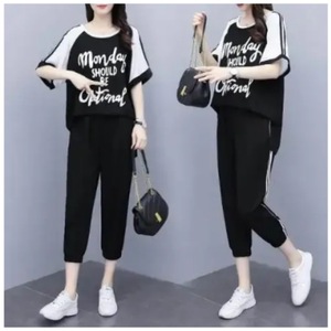 Plus Size Women's Two Piece Set Loose Fit Splicing Top And Capri Pants Casual Summer Outfit Black Polyester Knitted - Product Image 3