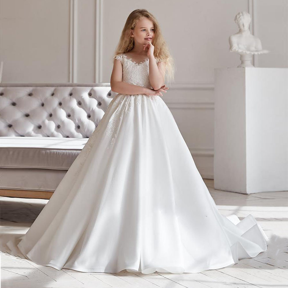 Elegant White Lace & Satin Flower Girl Dress Long Train Princess Gown for  Wedding Birthday & Piano Recital Size 2-13Y| Alibaba.com