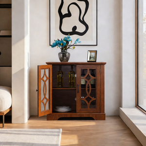 Buffet spacieux avec 2 portes vitrées, étagère réglable, meuble de rangement en MDF chêne foncé - Product Image 4