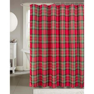 Modern Home Holiday Christmas <b>Shower</b> Curtain <b>Elegant</b> Fabric with Plaid Ornamental Design for Bathroom Decor - Product Image 1